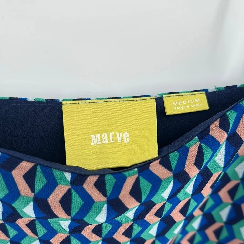 Anthropologie Maeve Silk Like Pink&Blue Dress Geometric Patterned Mini Lined Med